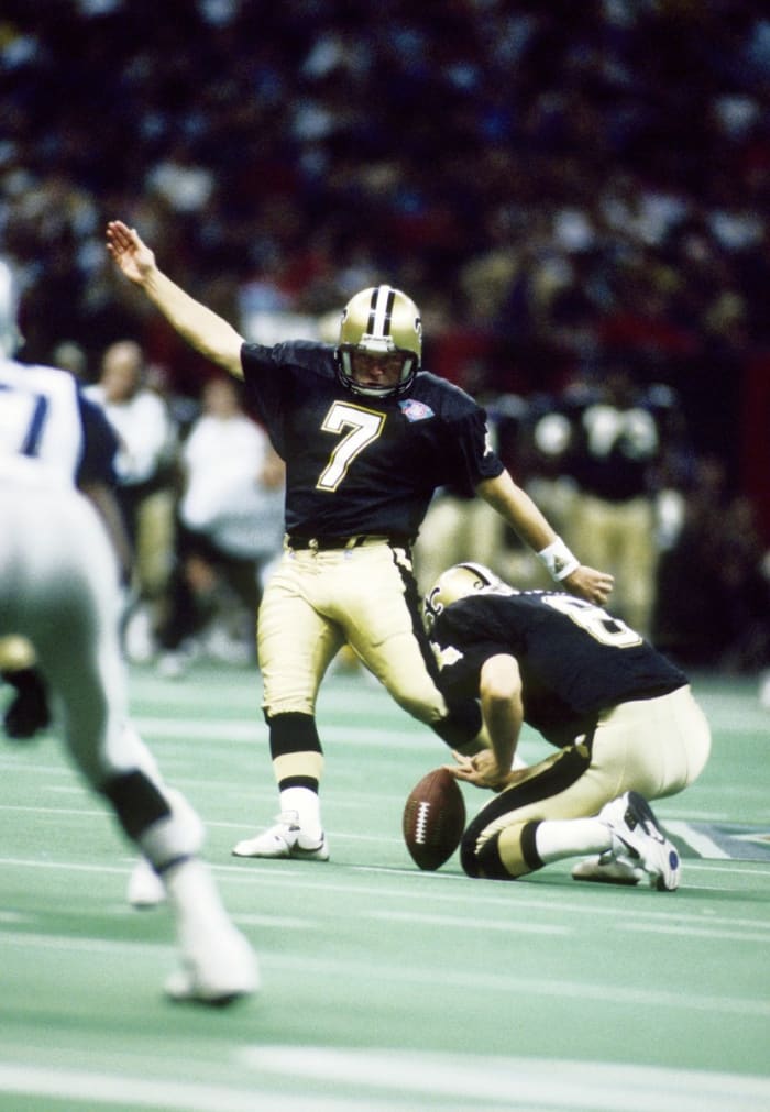 Dec 19, 1994; FILE PHOTO: New Orleans Saints kicker Morten Andersen (7) kicks a field goal against the Dallas Cowboys. Mandatory Credit: James D. Smith-USA TODAY